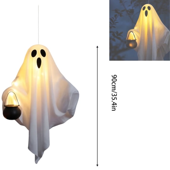 35.4 inch Lighted Swinging Ghost Outdoor Decor, Swinging Ghost, Warm LED Illuminated Fabric Ghost Hanging Lantern, Cute Spooky Ornament for Lawn Window Holiday Atmosphere Decoration
