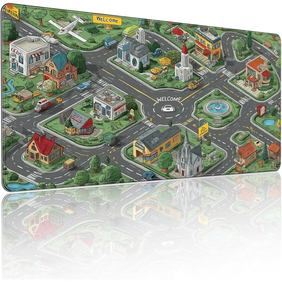 35.4 x 15.7 Inches XXL Large Gaming Mouse Pad, Cartoon City Street Map Design, Non-Slip Base, Waterproof and Scratch-Resistant Surface, Suitable for Home and Casual Gaming Desktop mats