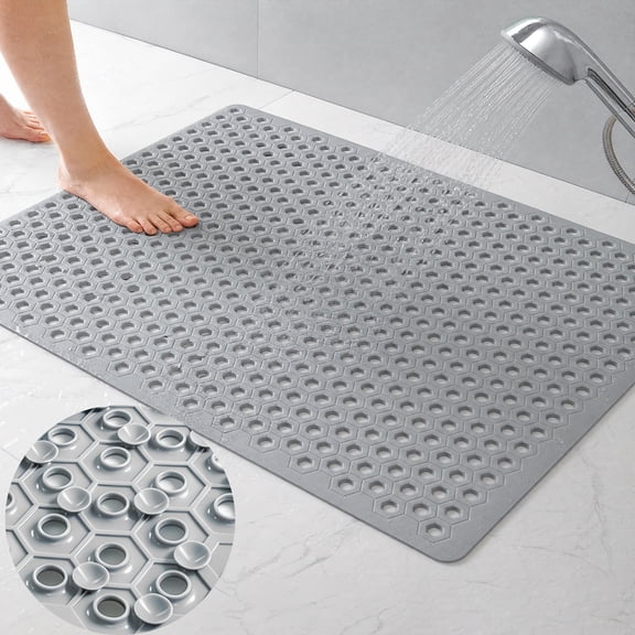 35.4" x 23.6" Large PVC Non-Slip Shower Mat, Quick Dry Bath Mat with Suction Cups & Drain Holes, Grey