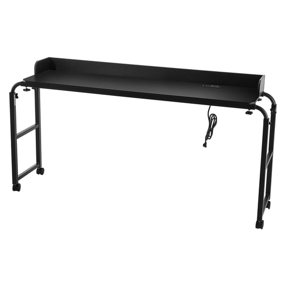 35-40" Height Adjustable Overbed Table with Power Socket, Black | Mobile bedside desk with wheels, extendable width, and built-in power strip for home