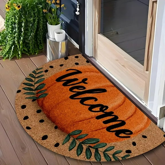 35.43*23.62in Halloween Semi-Circular Pumpkin Door Mat, Printed Floor Mat, Polyester Entrance Mat, Autumn Thanksgiving Porch Entry Mat, Easy-to-Clean Indoor & Outdoor Mat