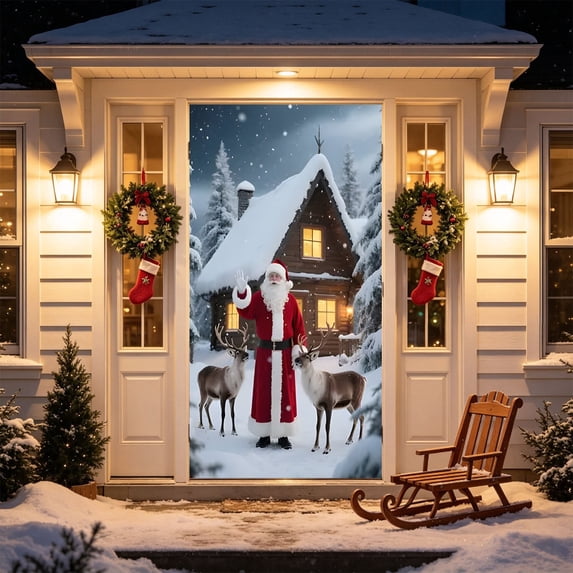 35.43*70.87IN Christmas Hanging Front Door Cover, Photography Hanging Door Banner - Christmas Door Cover Xmas Winter Decorations for Home Decor