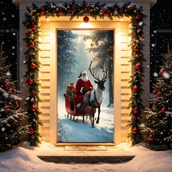 35.43*70.87IN Christmas Hanging Front Door Cover, Photography Hanging Door Banner - Christmas Door Cover Xmas Winter Decorations for Home Decor