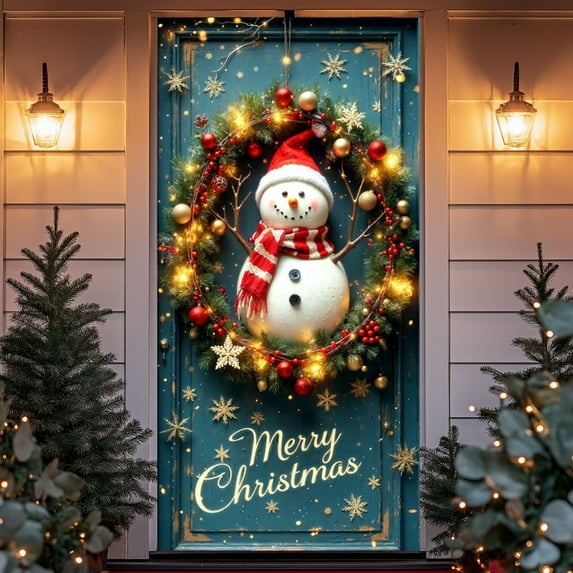35.43×70.87in Multicolor Polyester Christmas Door Cover, Hanging Cloth Flag for Party Photo Background & Home Decor