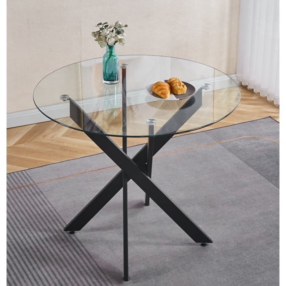 35.43" Black Tempered Glass Dining Table Modern Kitchen Table with Cross Metal Legs Space Saving Square Table for Living Room Dining Room