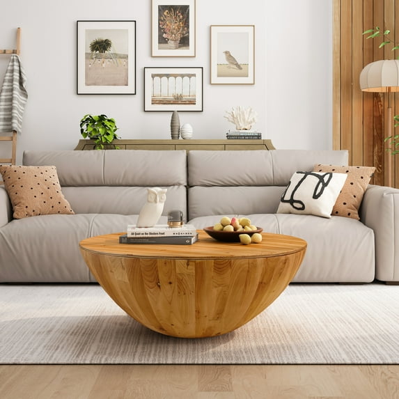 35.43" Drum Coffee Table, Vintage Style Bucket Shaped Coffee Table for Office, Dining Room and Living Room, Natural