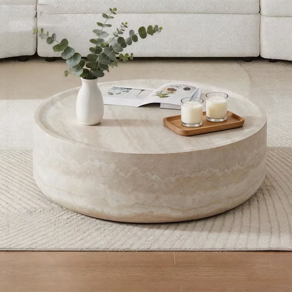 Kevinplus 35.43'' Round Coffee Tables, Tea Faux Travertine Textured Table for Living Room