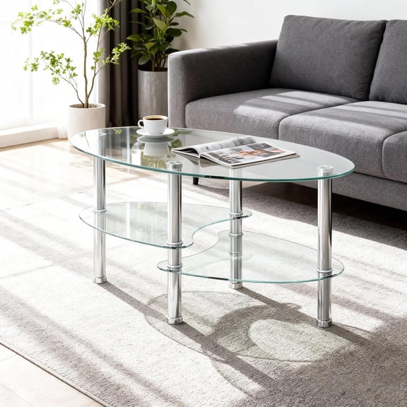 35.43" Glass Coffee Table, Modern Oval Smooth 3-Tier Small Table,Tempered Glass Top Center Table with Sturdy Chrome Plated Silver Legs, Space-Saving Tea Table Side Table for Living Room,Apartment