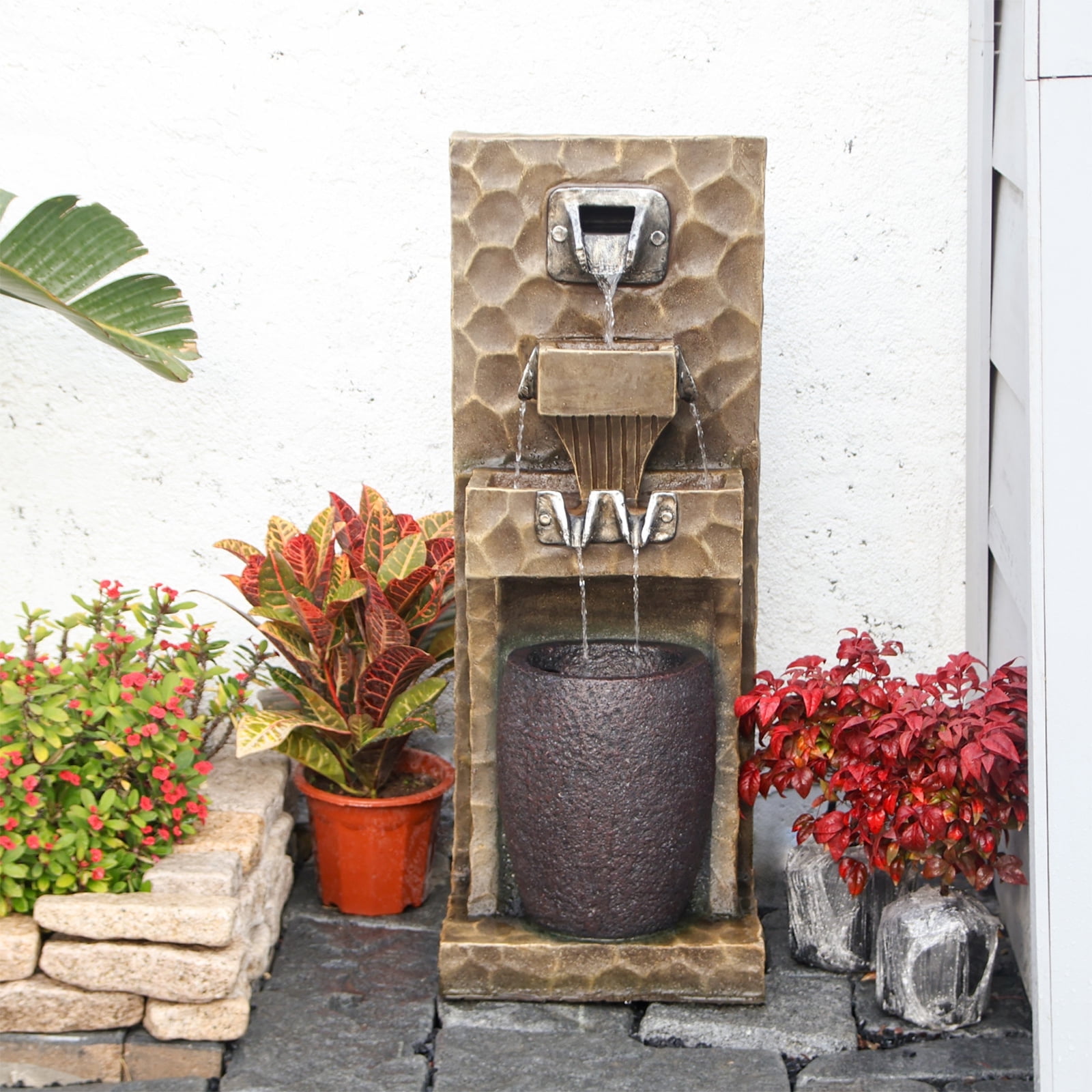 35.43''H Floor-Standing Water Wall Fountain Outdoor Rectangular Metal Colour Spout Garden Waterfall Fountains Indoor Cubes and Jar Water Feature with LED Lights for Porch Yard Home Art Decor