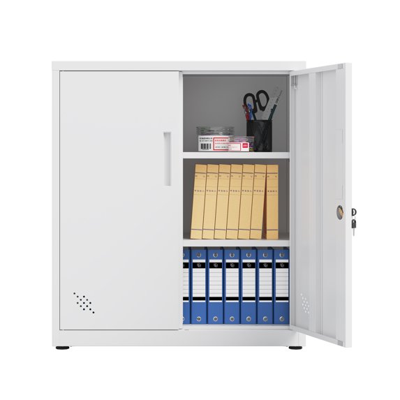 35.43" H Metal Garage Storage Cabinet with 2 Doors and 2 Adjustable Shelves Magnetic Lockable Steel Utility Cabinets for Home Office Garage Basement Pantry School, White