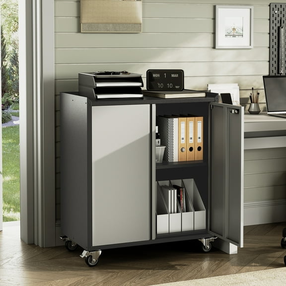 35.43" High Garage Storage Cabinet with Wheels - Locking Steel Rolling Tools Chest with Handle, Metal Storage Cabinet with 1 Shelf, Gray