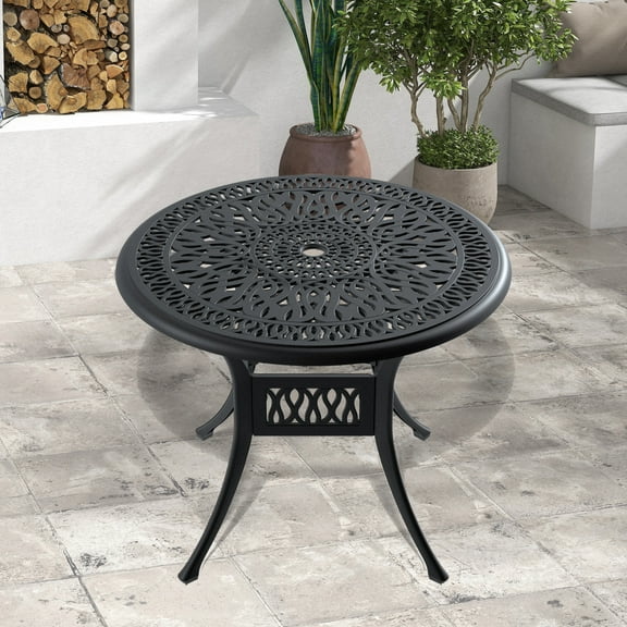 35.43-Inch Cast Aluminum Outdoor Dining Table with Umbrella Hole for Patio Garden or Deck Durable Weather-Resistant Black Frame
