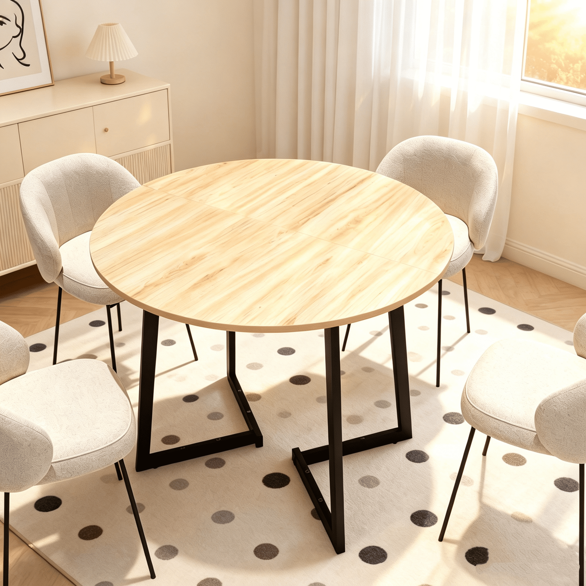 35.43 Inch Half Split Round Dining Table for 4-5 People, Industrial V-Shaped Bend Metal Legs Space Saving Small Kitchen Dinner Table for Apartment, Light Wood Grain