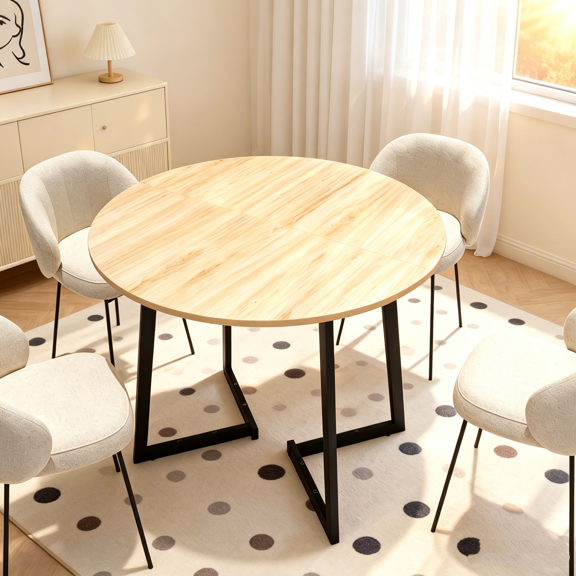 35.43 Inch Half Split Round Dining Table for 4-5 People, Industrial V-Shaped Bend Metal Legs Space Saving Small Kitchen Dinner Table for Apartment, Light Wood Grain