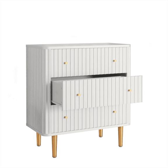 35.43 Inch Modern 3 Drawer Dresser Fluted Texture Storage Cabinet Chest Of Drawers White Wood Organizer For Bedroom Living Room Closet(White)