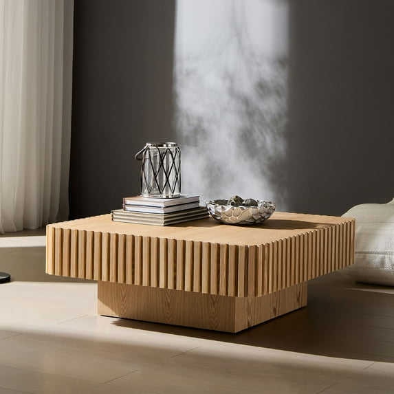 35.43 Inch Modern Handcraft Drum Coffee Table Square Coffee Table for Living Room,Small Wooden Coffee Table with Sturdy MDF Pedesta,ASH Color