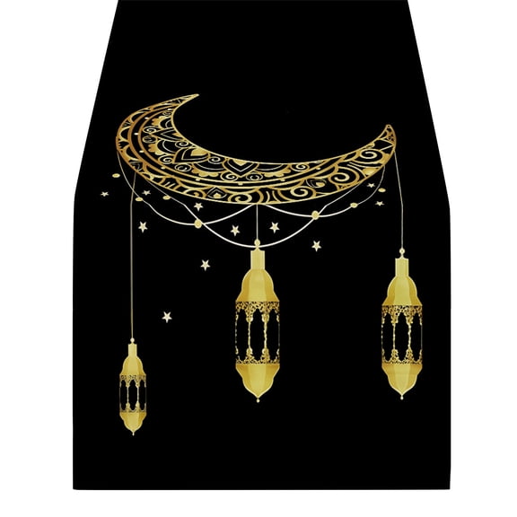 35.43 Inch Ramadan Table Runner, Eid Mubarak Islamic Lantern Star Design, Polyester Fabric Dining Table Decoration for Kitchen, Mantel and Holiday Party Home Decor
