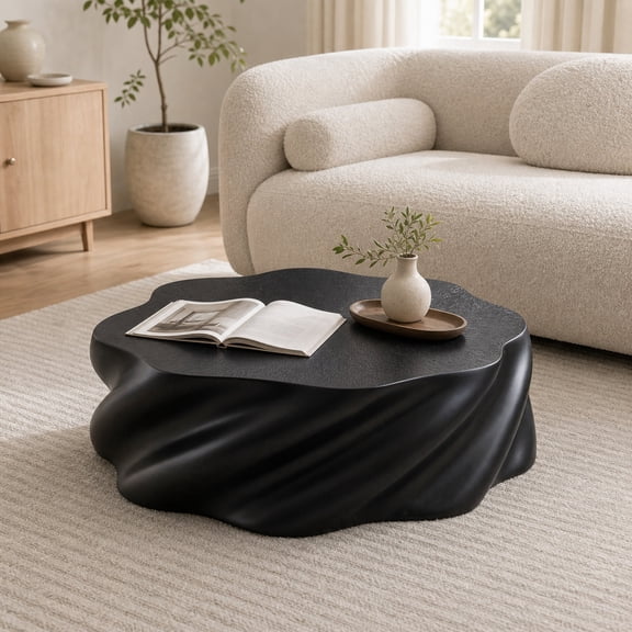 35.43 Inch Round Coffee Table, Black Modern Drum Center Table with Fluted Design, Fiberglass Low Circle Tea Table for Living Room, No Assembly Required