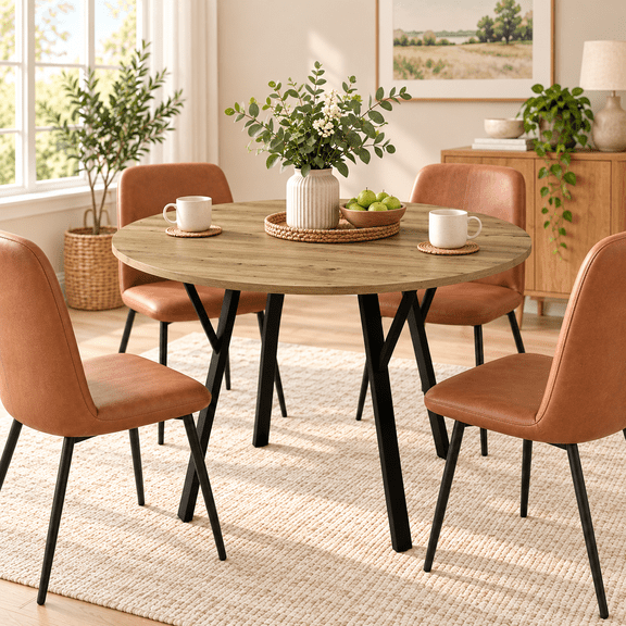 LauKingdom Round Dining Table for 4, 35.43" Modern Wood Grain Kitchen Table with 0.7" Thick MDF Top, Black Metal Legs for Small Spaces Apartments Breakfast Nooks, Natural