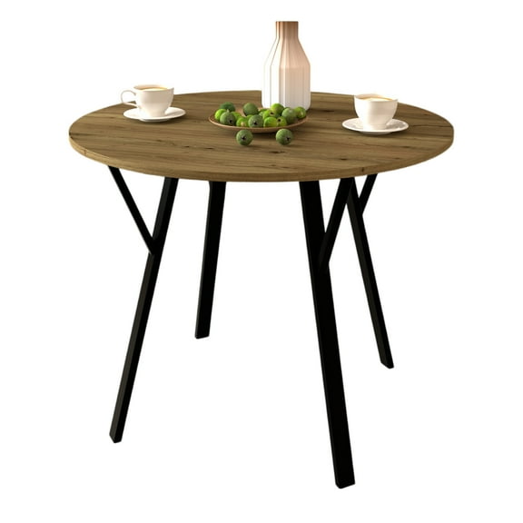 35.43 Inch Round Dining Table, Small Circle Kitchen Table with Metal Black Legs for 2-4 people,Modern Dining Room Table (Brown)