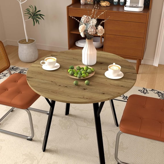 35.43 Inch Small Round Dining Table for 2, Circle Kitchen Table with Black Metal Legs, Modern Space-Saving Dinner Table for Living Room and Small Spaces，Brown