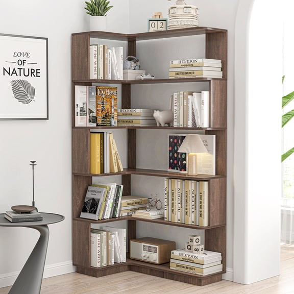 35.43" Left-Side Extended L-Shaped Bookshelf, Freestanding Corner Bookshelf, Wooden Bookcase with Anti-Drop Panel and Anti Tipping Device, Dark Brown