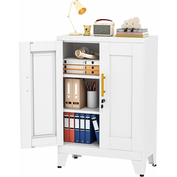 35.43" Lockable Metal Storage Cabinet, Steel Locker File Cabinet with 2 Doors ＆ 2 Adjustable Shelves, Multi-Purpose Organizer for Home, Office File Storage & Garage Locker (White)