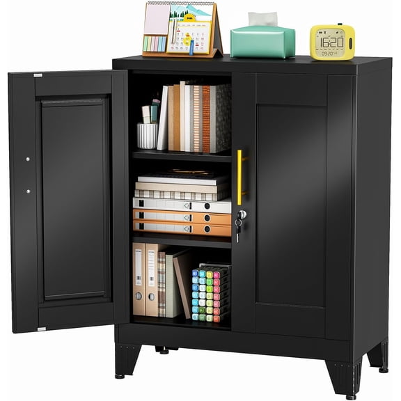 35.43" Metal Storage Cabinet with Lock, Metal File Cabinet with 2 Doors & 2 Adjustable Shelves, Steel Locker Utility Tool Garage Cabinets for Home, Office, Warehouse (Black)