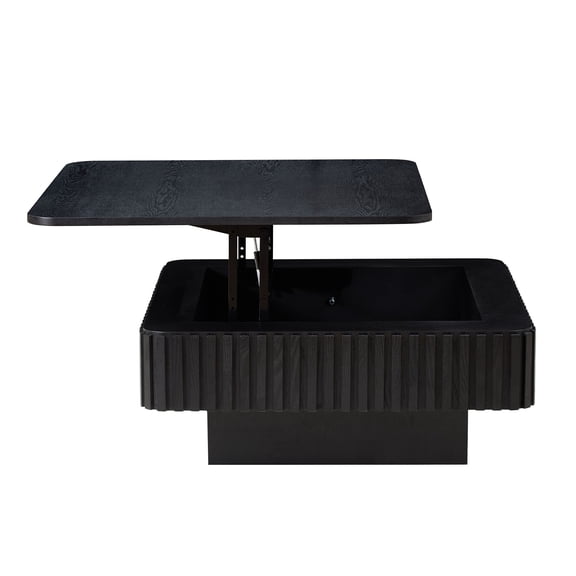 35.43" Modern Black Lift Top Drum Coffee Table - Handcrafted MDF Wood Veneer Square Table with Hidden Storage, Perfect for Living Room & Workspace