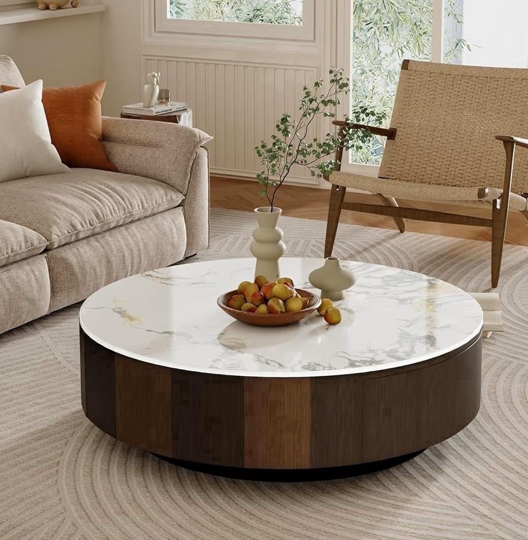 FHKJ HOME 35.4" Modern Round Coffee Table with Storage Drawer, White Sintered Stone Top
