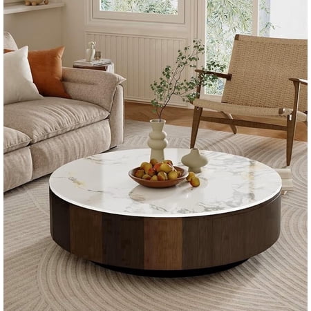 FHKJ HOME 35.4" Modern Round Coffee Table with Storage Drawer, White Sintered Stone Top