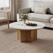 35.43" Round Coffee Table for Living Room, Sintered Stone Coffee Table with Wooden Hexagon Base, Modern Living Room Table Circle Center Table Tea Table for Home Office