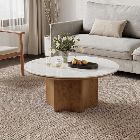 35.43" Round Coffee Table for Living Room, Sintered Stone Coffee Table with Wooden Hexagon Base, Modern Living Room Table Circle Center Table Tea Table for Home Office