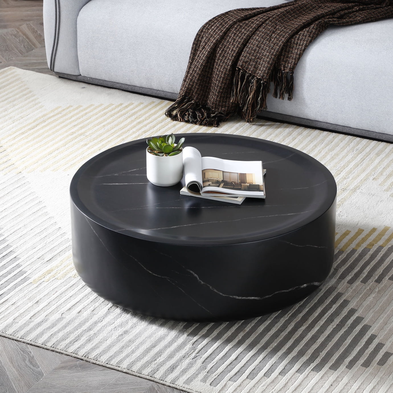 35.43'' Round Coffee Table with Marble Texture, Modern Drum Circle ...