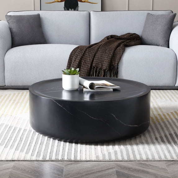 THOWDEE Modern Round Fiberglass Coffee Table, Black Marble