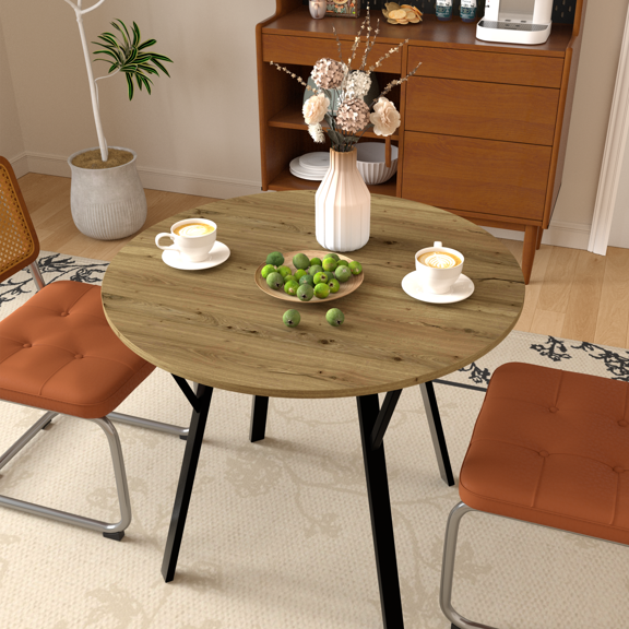 35.43" Round Dining Table for 2-4 people, Small Circle Kitchen Table with Metal Black Legs, Modern Dining Room Table for Dining Rooms, Living Rooms, Office, Brown