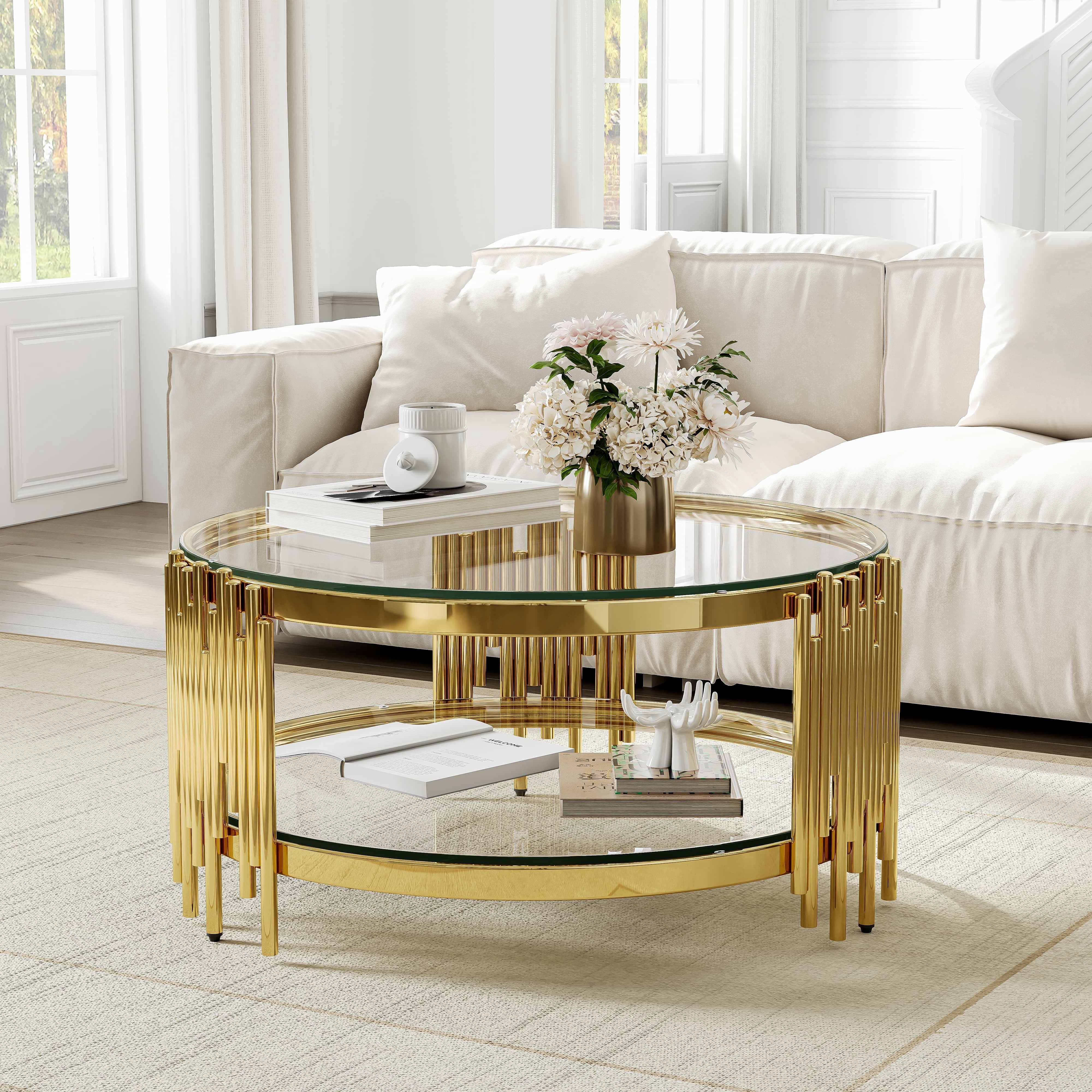 35.43" Round Glass Coffee Table, Modern Living Room Table with ...