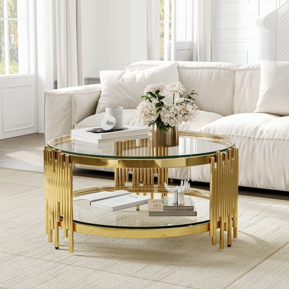 35.43" Round Glass Coffee Table, Modern Living Room Table with Stainless Steel Base & Tempered Glass Top, Circle Sofa Center Table Furniture for Home, Apartment, Office