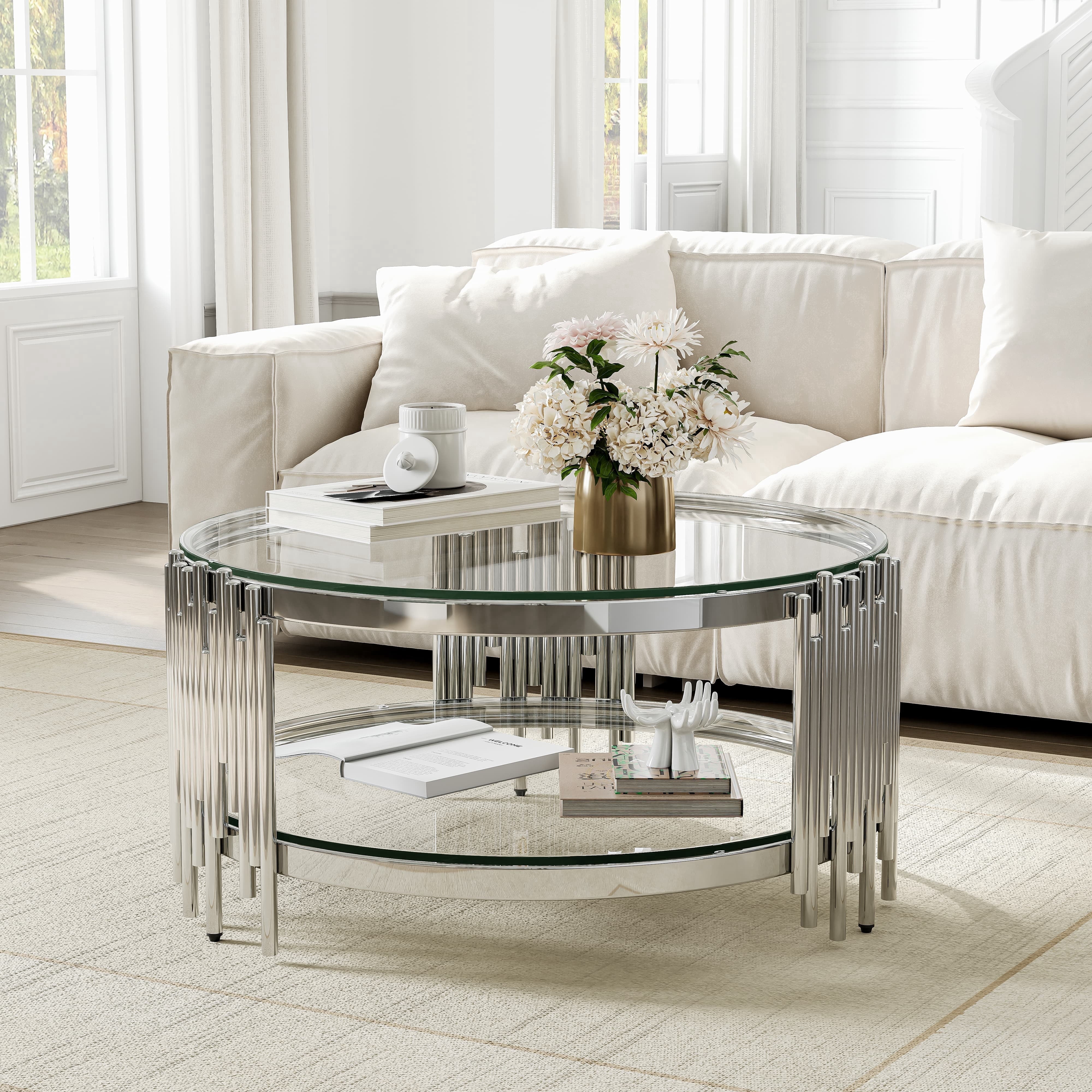 35.43" Round Glass Coffee Table, Modern Living Room Table with ...