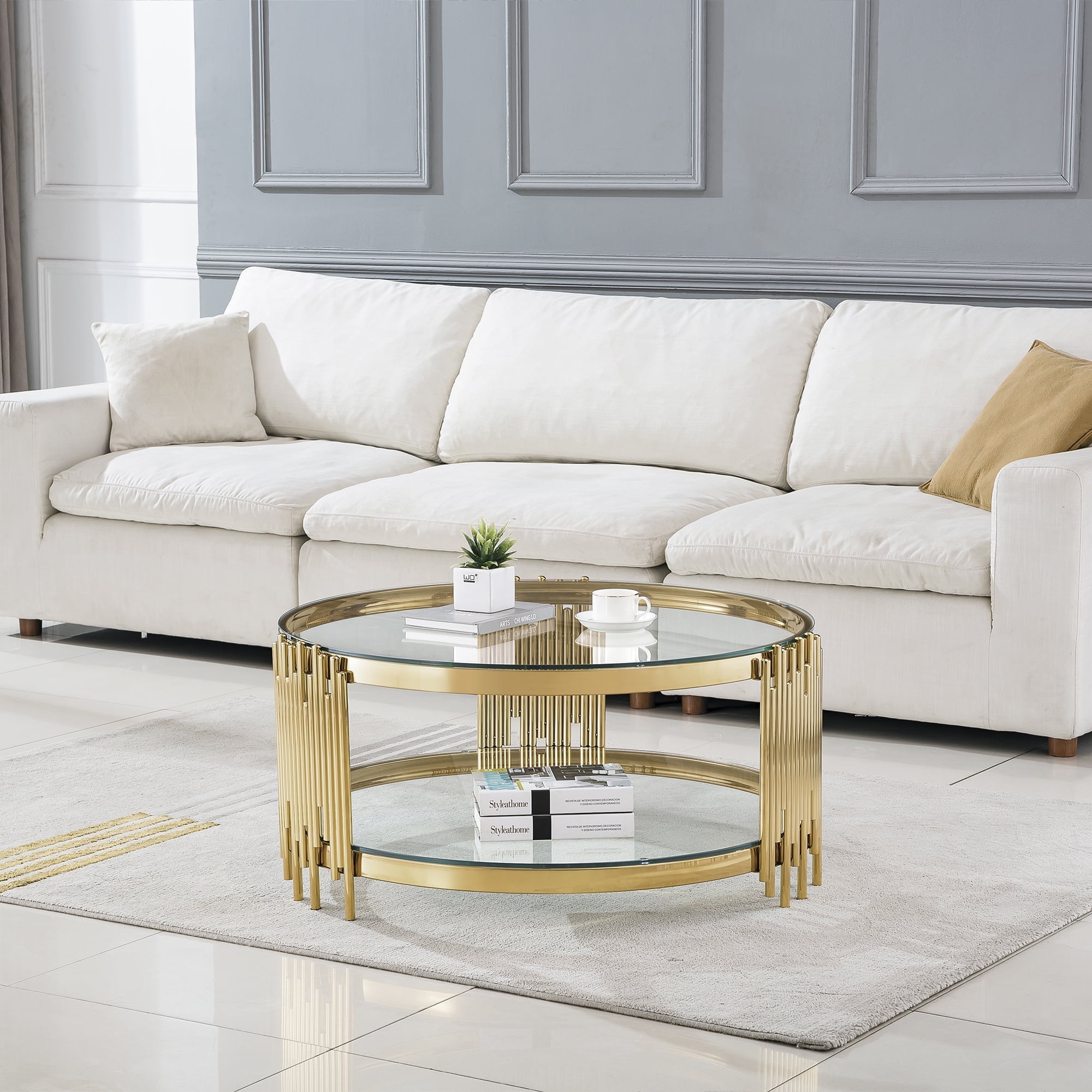 35.43" Round Glass Coffee Table, Modern Living Room Table with ...