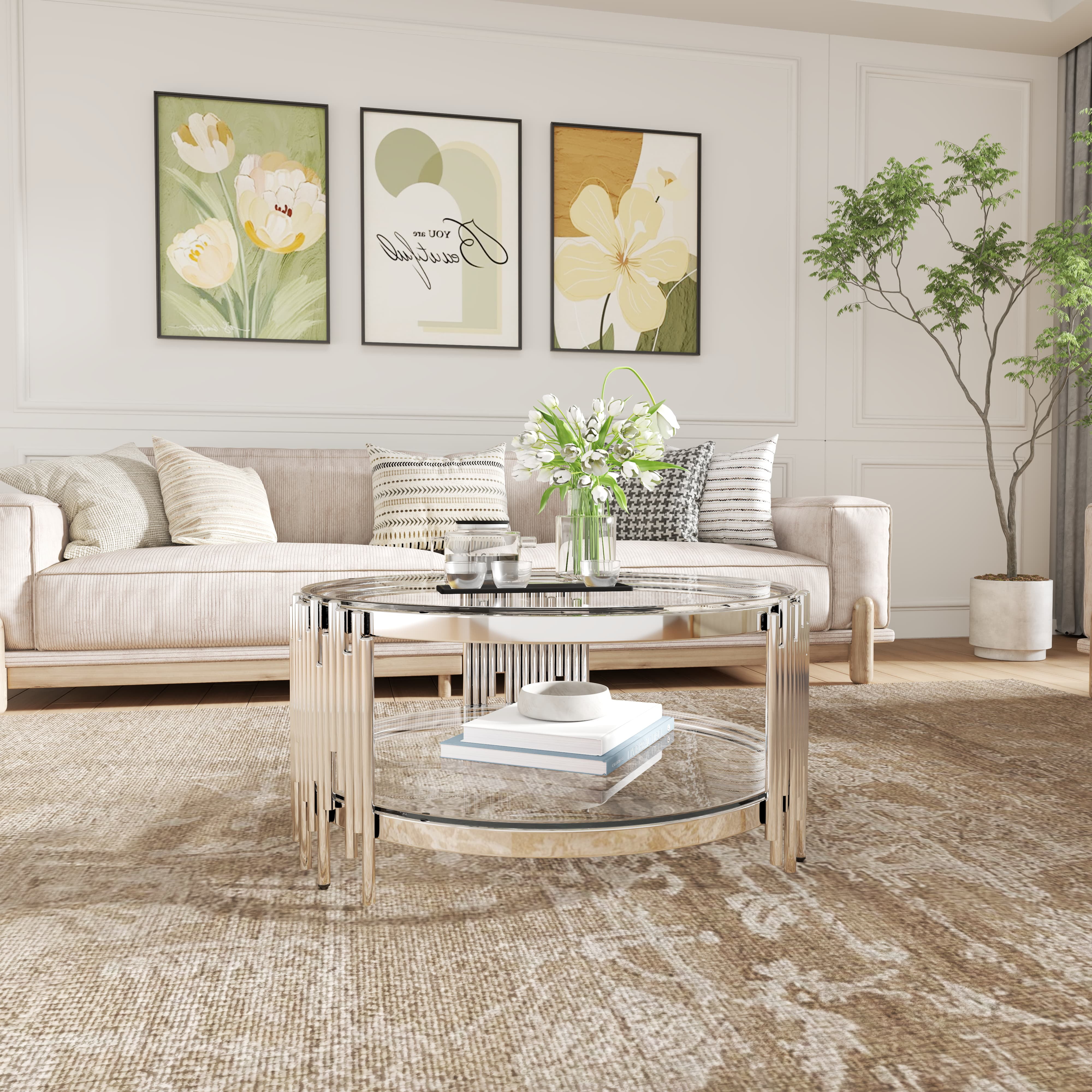 35.43" Round Glass Coffee Table, Modern Living Room Table with ...