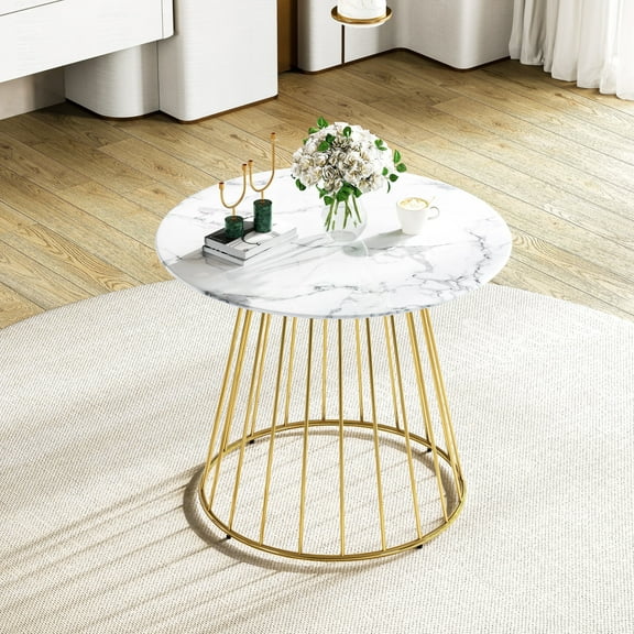 35.43" Round Glass Dining Table, Marble Pattern Top and Cage-Like Metal Base, for Kitchen, Dining Room, Small Spaces