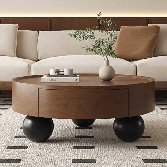 35.43" Round Walnut Coffee Table with Storage Drawer & Black Ball Feet, Mid-Century Modern Wooden Cocktail Table for Living Room