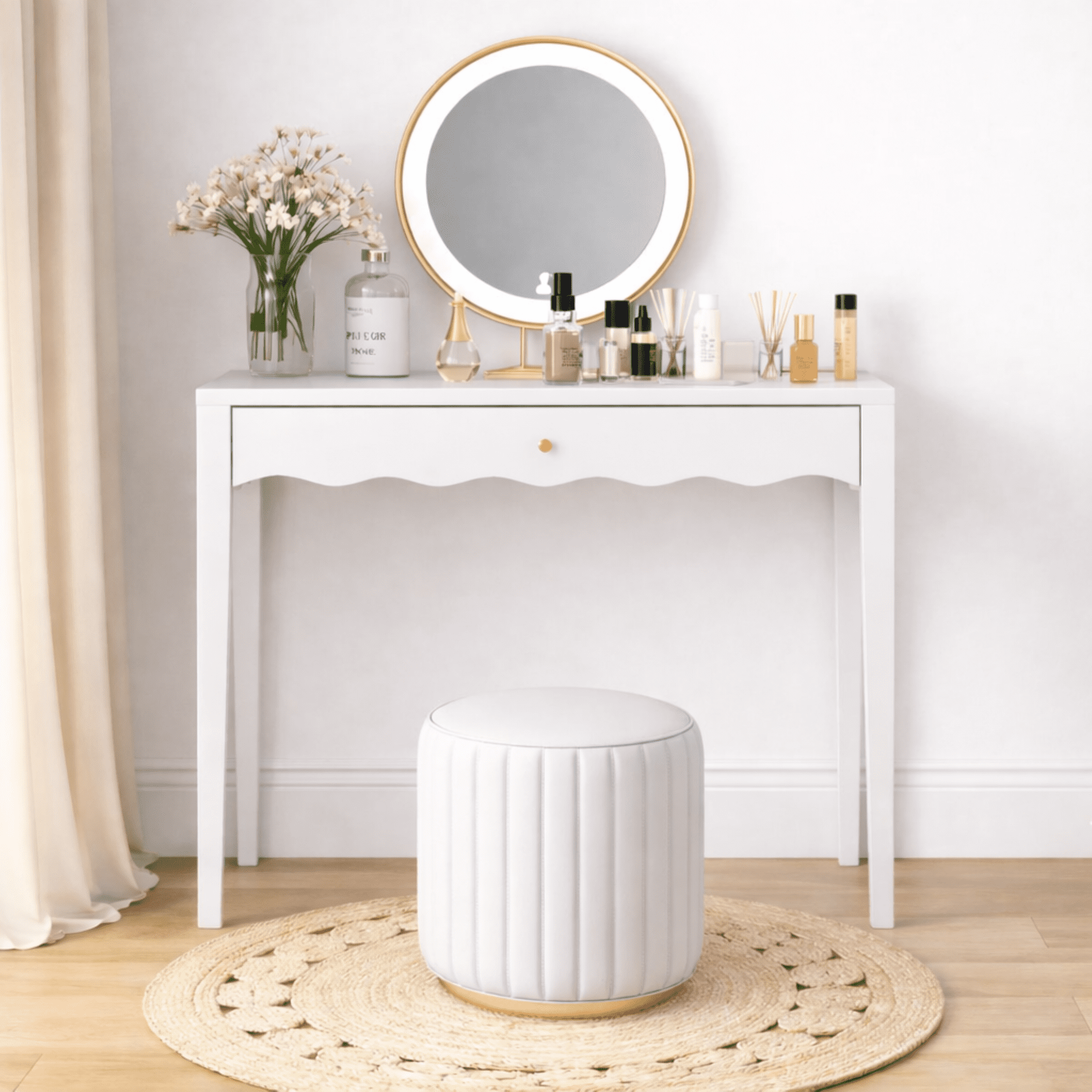 35.43" Vanity Desk with Drawer, Modern Makeup Table with Scalloped Front & Gold Knob, Compact Writing Desk with 4 Sturdy Legs for Bedroom, Small Home Office & Apartment Spaces