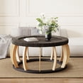 thumbnail image 1 of 35.43"Vintage Rattan Solid Wood Round Coffee Table, Curved Legs Boho Accent Table for Dining Room, Kitchen And Living Room,Black Brown, 1 of 9