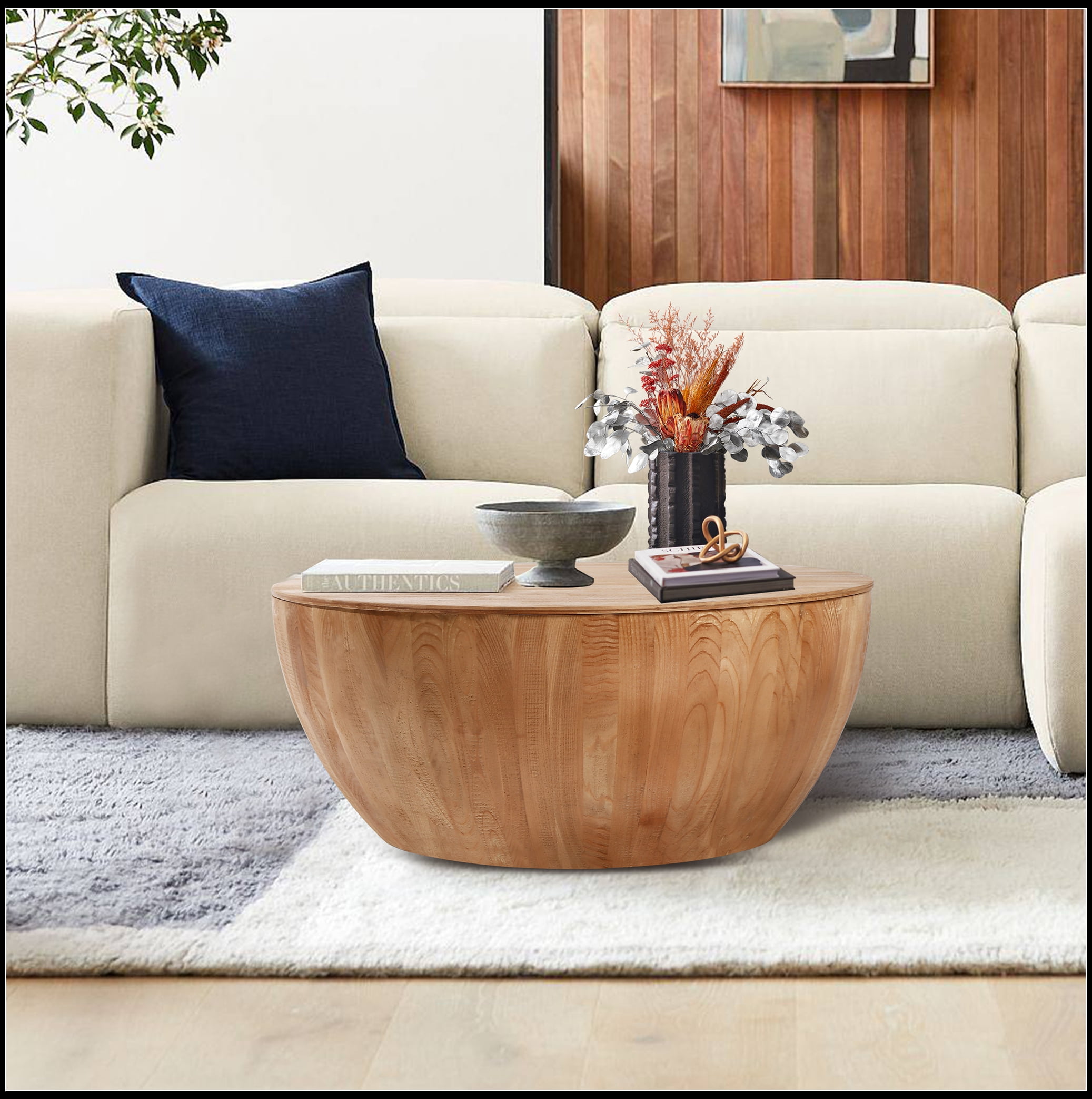 35.43"Vintage Style Bucket Shaped Coffee Table for Office, Dining Room and Living Room,Natural