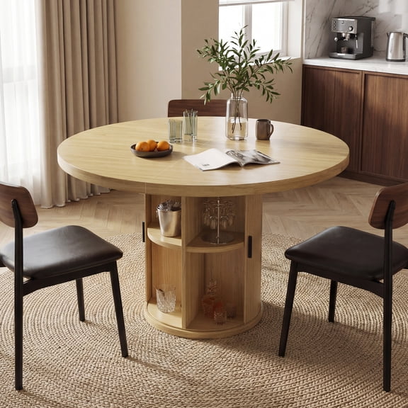 35.43 inch Extendable Round Dining Table for 26 with Storage, Mid Century Modern Farmhouse Wood Oval Dinner Table with Pedestal Base for Kitchen, Living Room