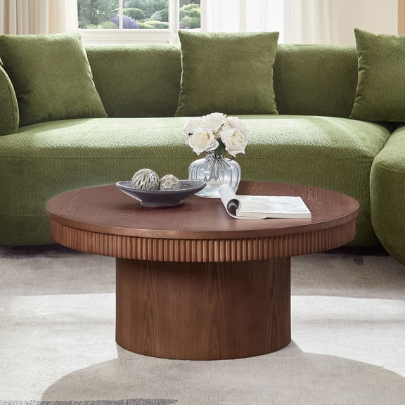 35.43 inch Walnut Round Coffee Table with Solid Wood Ribbed Wave Trim,MDF+ Wood Veneer Table for Living Room,Apartment,Office