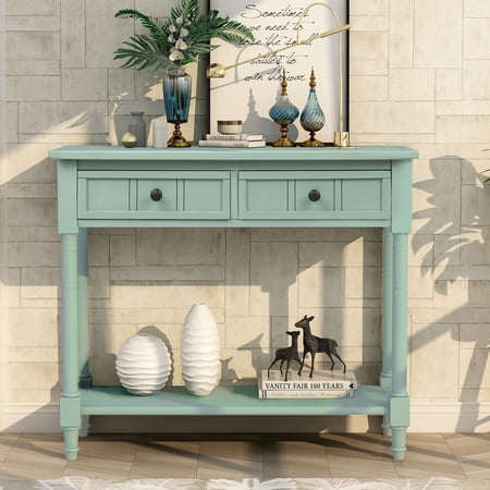 35.43 inch Wood Console Table with Two Drawers and Bottom Shelf for Living Room, Entryway/Hallway (Retro Blue)