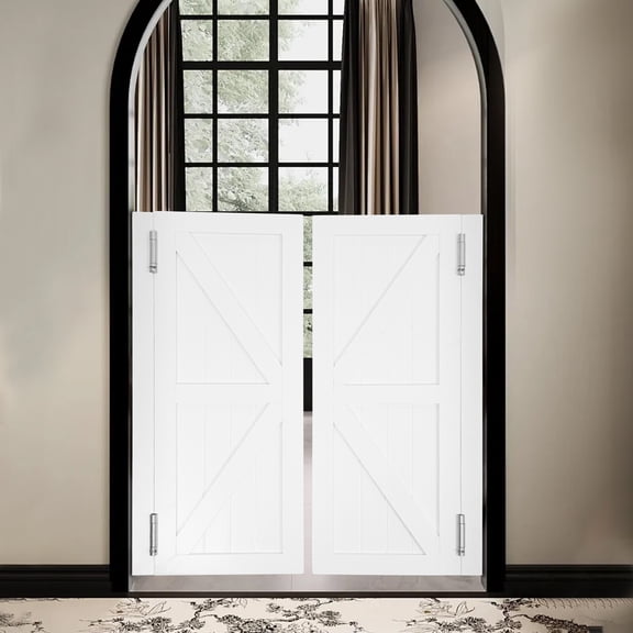 35.43" x 15.75" Solid Wood Swing Doors for Kitchen Cafe Bar, 180 Bidirectional Opening with Auto-Close & Stay-Open, White Finish, Complete Hardware Kit Included